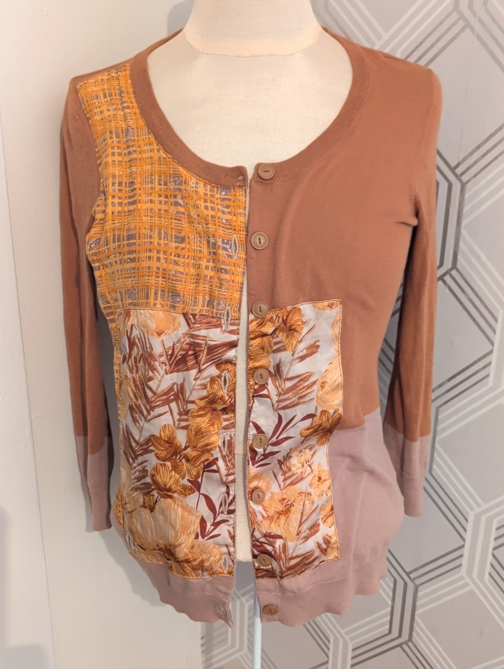 Anthropology Women's Cotton&Silk Patchwork Button Cardigan in Brown and Mustard